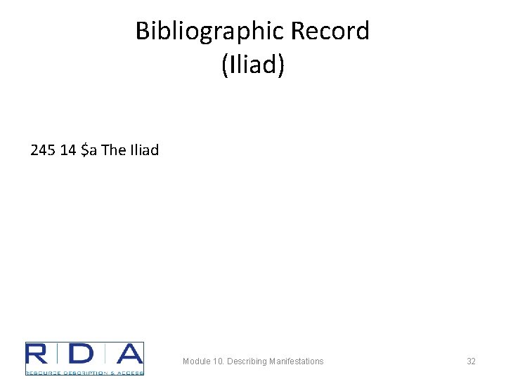 Bibliographic Record (Iliad) 245 14 $a The Iliad Module 10. Describing Manifestations 32 