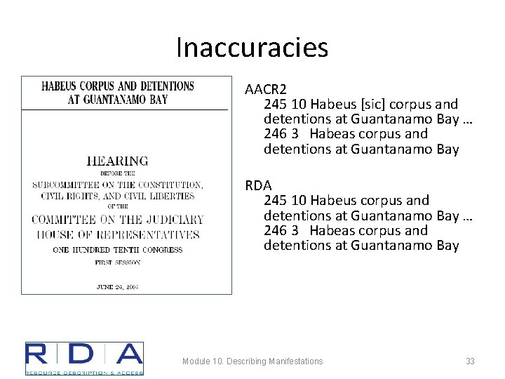 Inaccuracies AACR 2 245 10 Habeus [sic] corpus and detentions at Guantanamo Bay …