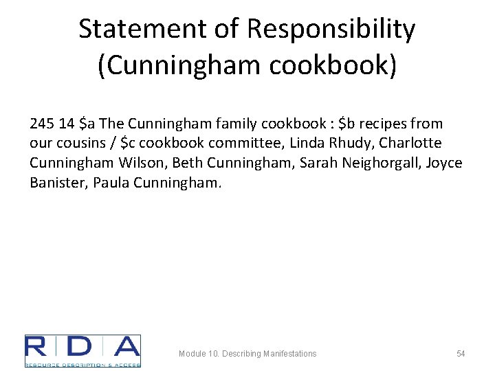 Statement of Responsibility (Cunningham cookbook) 245 14 $a The Cunningham family cookbook : $b