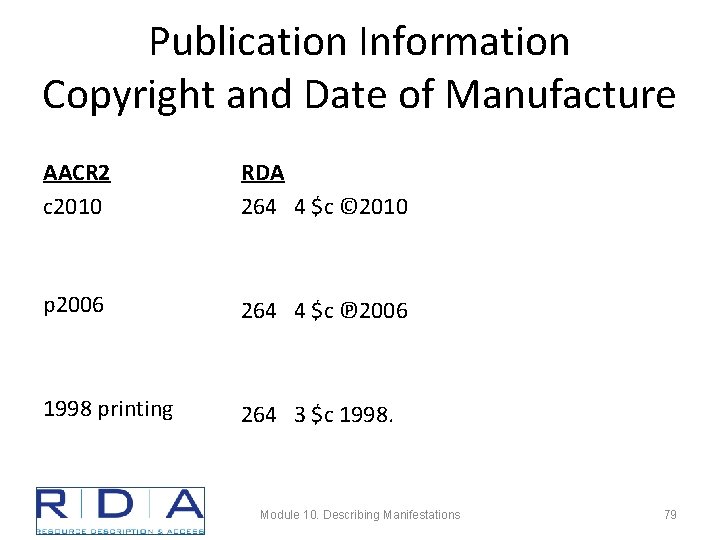 Publication Information Copyright and Date of Manufacture AACR 2 c 2010 RDA 264 4