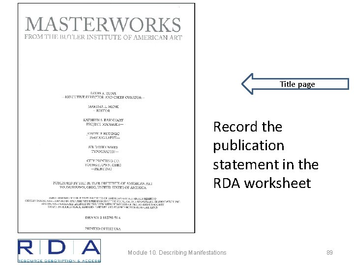 Title page Record the publication statement in the RDA worksheet Module 10. Describing Manifestations
