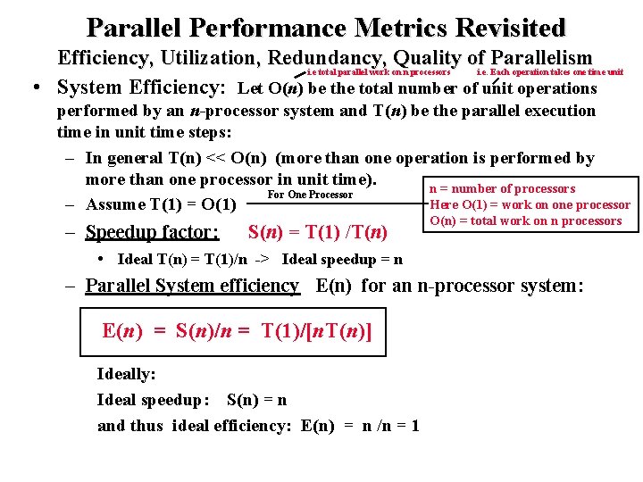 Parallel Performance Metrics Revisited Efficiency, Utilization, Redundancy, Quality of Parallelism i. e total parallel