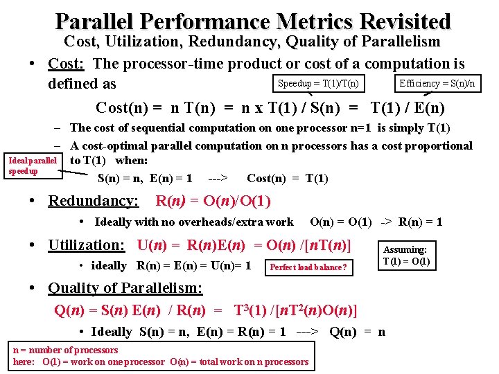 Parallel Performance Metrics Revisited Cost, Utilization, Redundancy, Quality of Parallelism • Cost: The processor-time