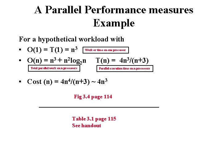 A Parallel Performance measures Example For a hypothetical workload with • O(1) = T(1)