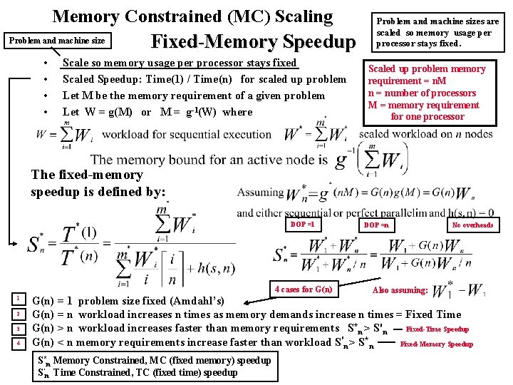 Memory Constrained (MC) Scaling Problem and machine size • • Fixed-Memory Speedup Scale so