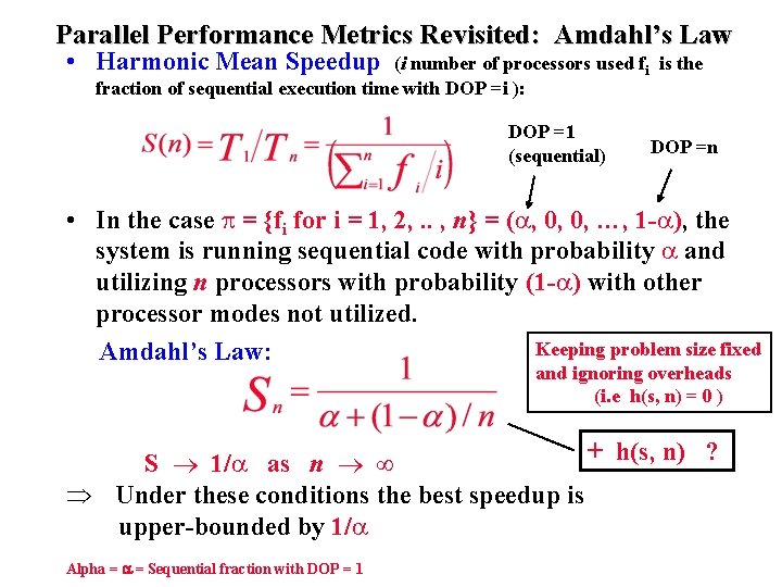 Parallel Performance Metrics Revisited: Amdahl’s Law • Harmonic Mean Speedup (i number of processors