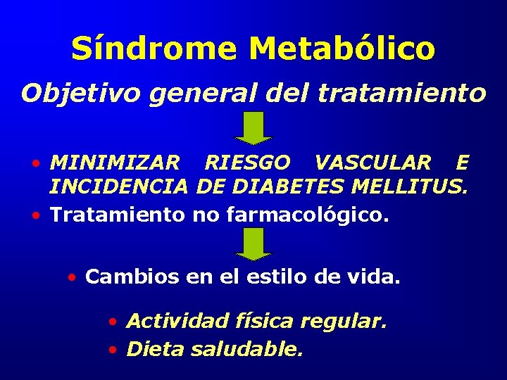 Síndrome Metabólico Objetivo general del tratamiento • MINIMIZAR RIESGO VASCULAR E INCIDENCIA DE DIABETES