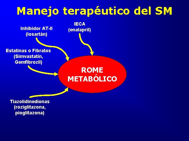 Manejo terapéutico del SM Inhibidor AT-II (losartán) IECA (enalapril) Estatinas o Fibratos (Simvastatín, Gemfibrozil)