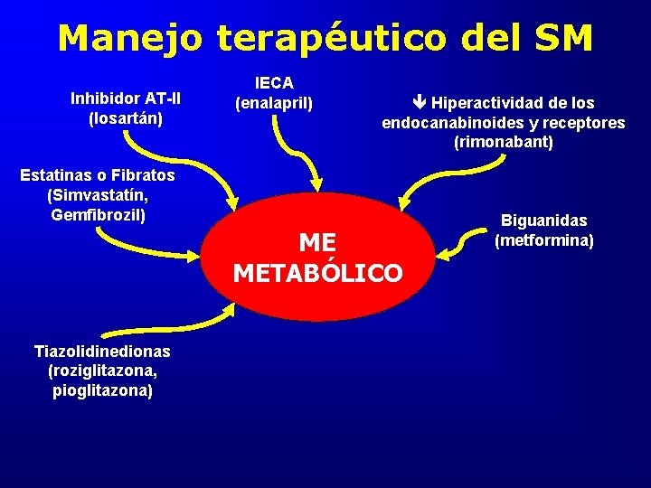 Manejo terapéutico del SM Inhibidor AT-II (losartán) IECA (enalapril) Hiperactividad de los endocanabinoides y