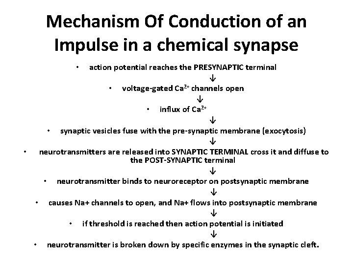 Mechanism Of Conduction of an Impulse in a chemical synapse action potential reaches the