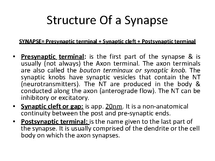Structure Of a Synapse SYNAPSE= Presynaptic terminal + Synaptic cleft + Postsynaptic terminal •