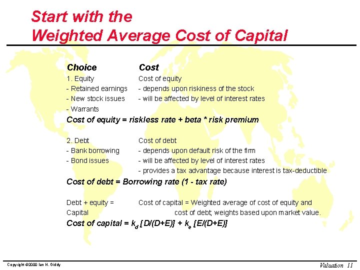 Start with the Weighted Average Cost of Capital Choice Cost 1. Equity - Retained