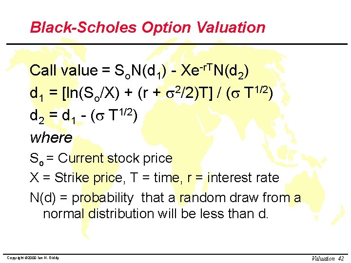 Black-Scholes Option Valuation Call value = So. N(d 1) - Xe-r. TN(d 2) d