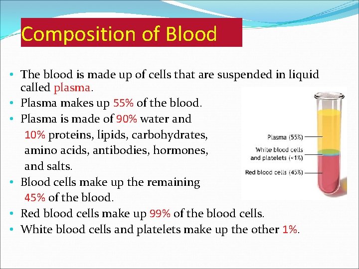 Composition of Blood • The blood is made up of cells that are suspended