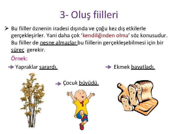 3 - Oluş fiilleri Ø Bu fiiller öznenin iradesi dışında ve çoğu kez dış