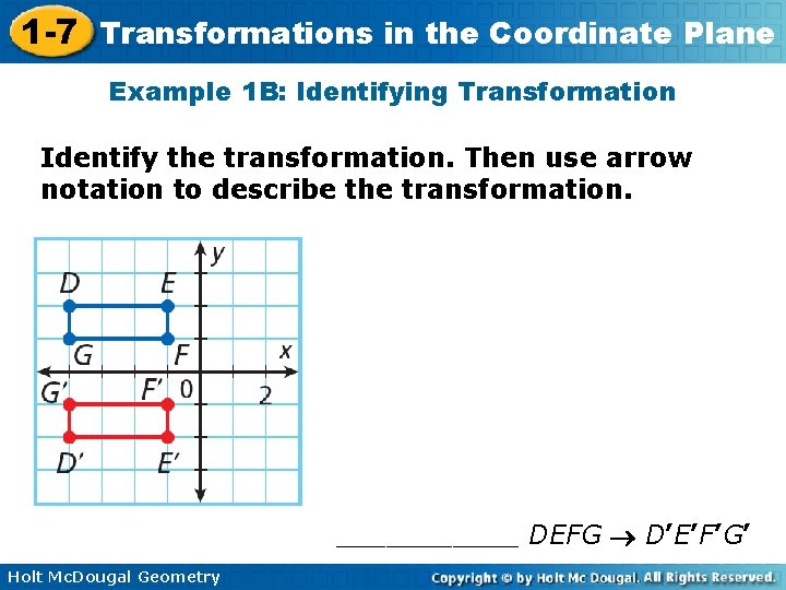 1 -7 Transformations in the Coordinate Plane Example 1 B: Identifying Transformation Identify the