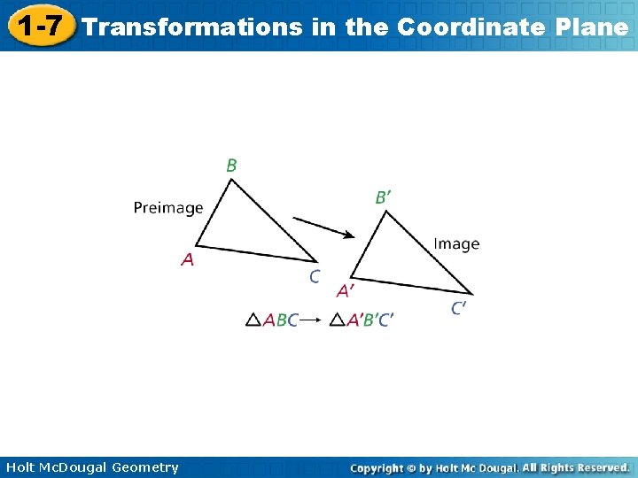 1 -7 Transformations in the Coordinate Plane Holt Mc. Dougal Geometry 