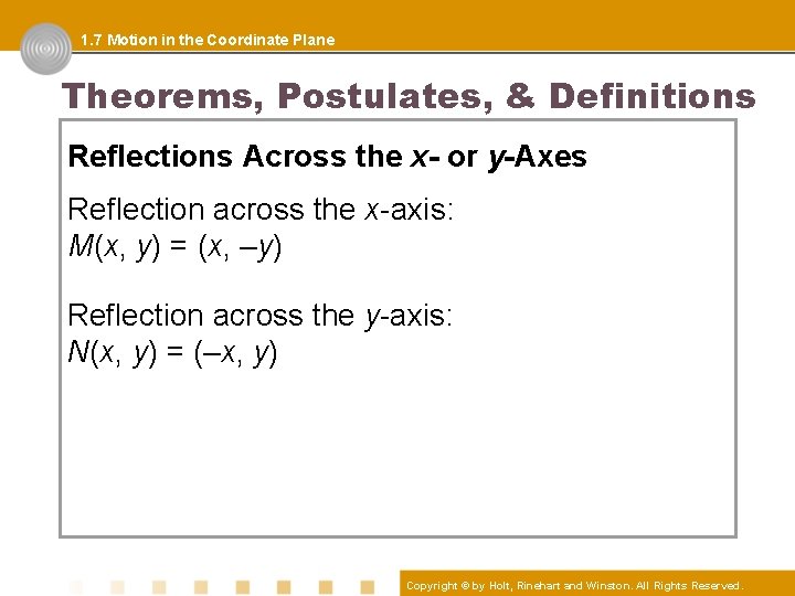 1. 7 Motion in the Coordinate Plane Theorems, Postulates, & Definitions Reflections Across the