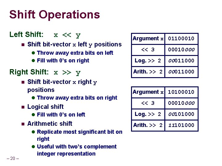 Shift Operations Left Shift: n x << y Shift bit-vector x left y positions