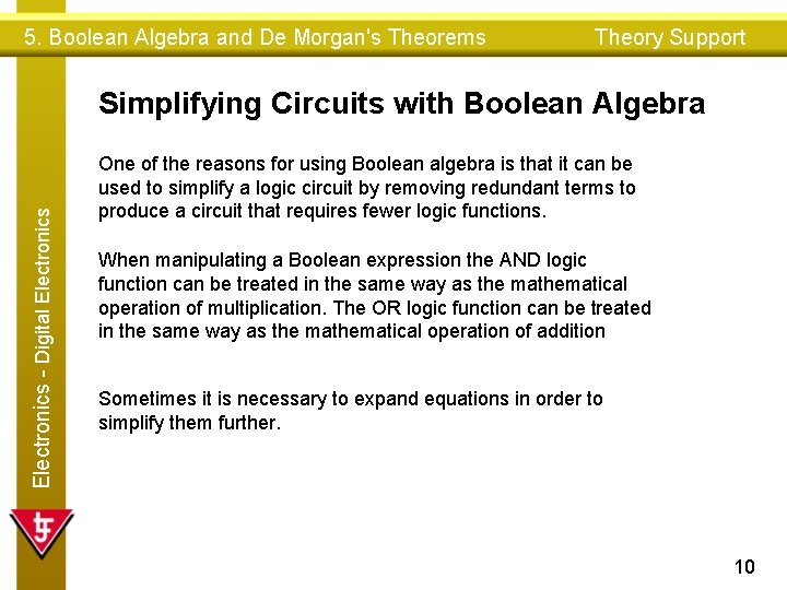 5. Boolean Algebra and De Morgan's Theorems Theory Support Electronics - Digital Electronics Simplifying 5. Boolean Algebra and De Morgan's Theorems Theory Support Electronics - Digital Electronics Simplifying