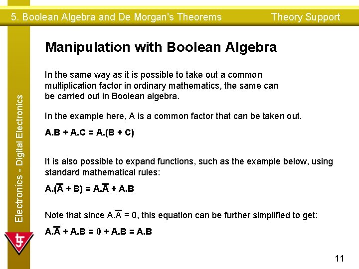 5. Boolean Algebra and De Morgan's Theorems Theory Support Electronics - Digital Electronics Manipulation 5. Boolean Algebra and De Morgan's Theorems Theory Support Electronics - Digital Electronics Manipulation