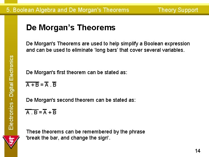 5. Boolean Algebra and De Morgan's Theorems Theory Support De Morgan’s Theorems Electronics - 5. Boolean Algebra and De Morgan's Theorems Theory Support De Morgan’s Theorems Electronics -
