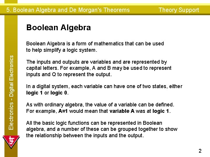 5. Boolean Algebra and De Morgan's Theorems Theory Support Boolean Algebra Electronics - Digital 5. Boolean Algebra and De Morgan's Theorems Theory Support Boolean Algebra Electronics - Digital