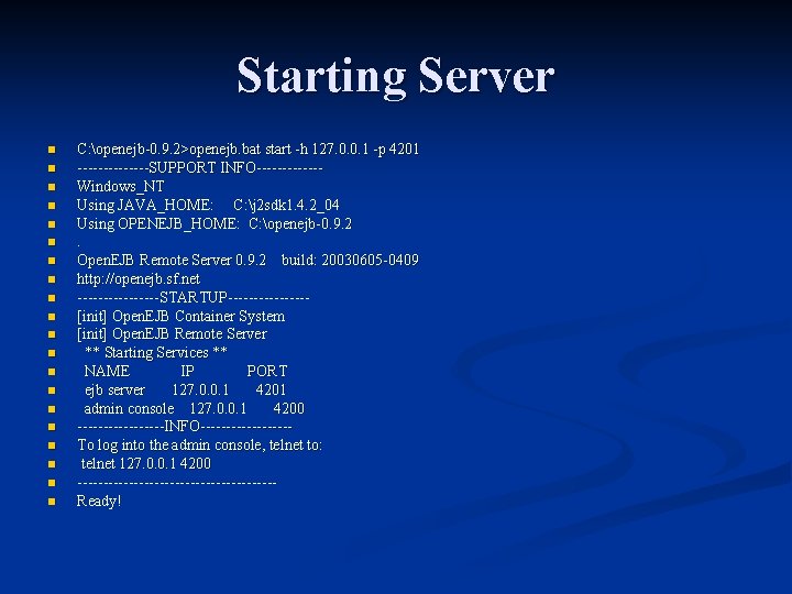 Starting Server n n n n n C: openejb-0. 9. 2>openejb. bat start -h