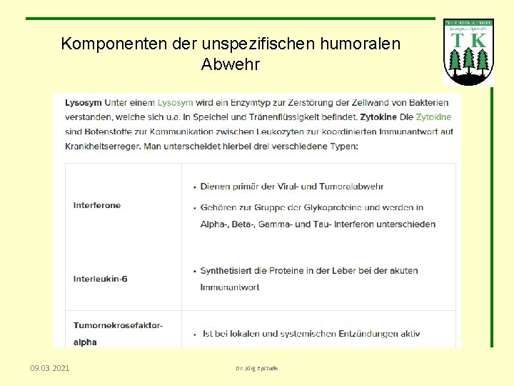 Komponenten der unspezifischen humoralen Abwehr 09. 03. 2021 Dr. Jörg Epstude 