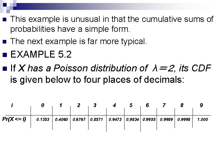 n n This example is unusual in that the cumulative sums of probabilities have