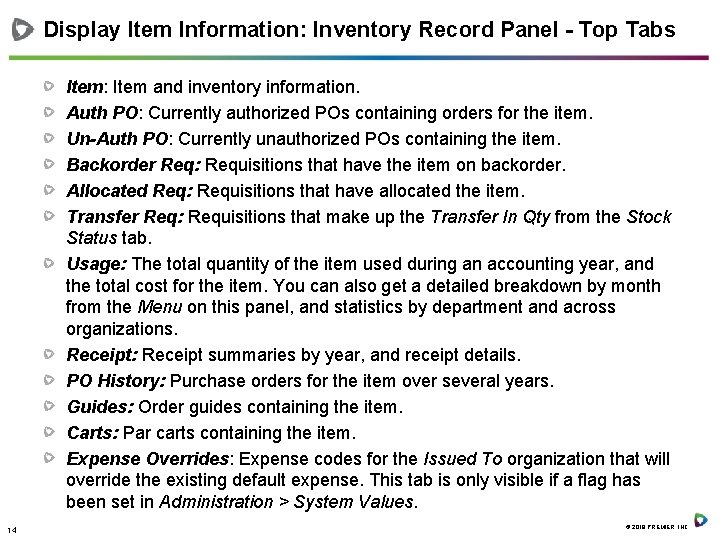 Display Item Information: Inventory Record Panel - Top Tabs Item: Item and inventory information.