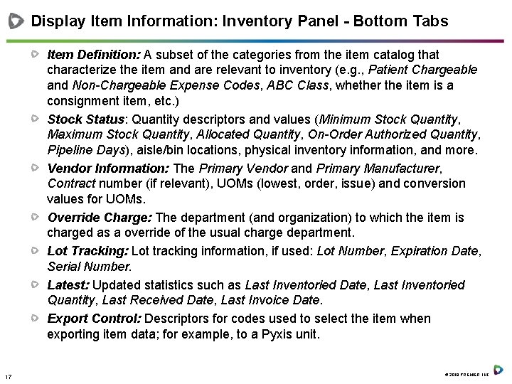 Display Item Information: Inventory Panel - Bottom Tabs Item Definition: A subset of the