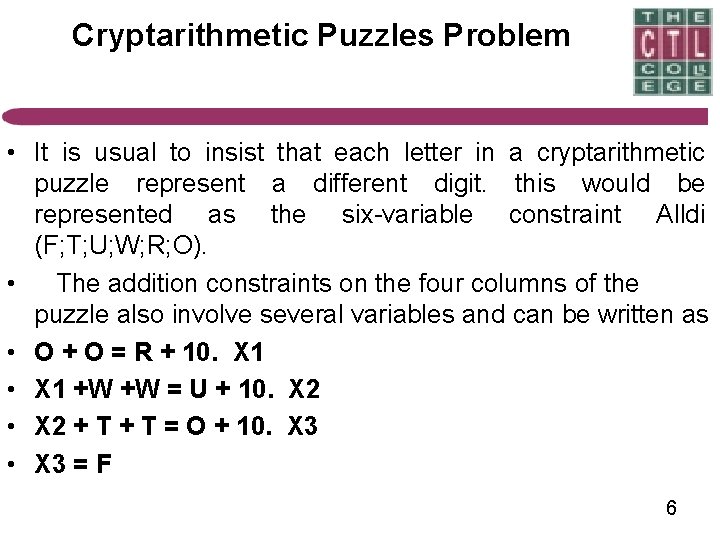 Cryptarithmetic Puzzles Problem • It is usual to insist that each letter in a