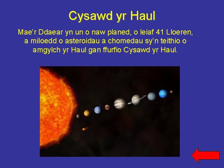 Cysawd yr Haul Mae’r Ddaear yn un o naw planed, o leiaf 41 Lloeren,