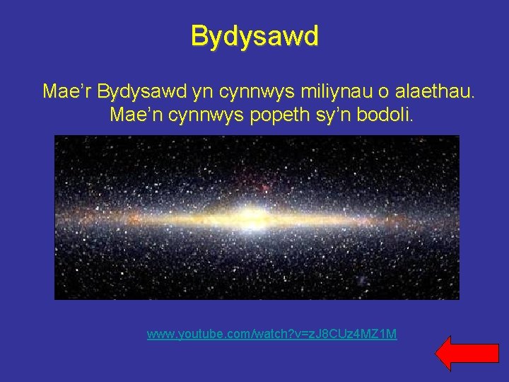 Bydysawd Mae’r Bydysawd yn cynnwys miliynau o alaethau. Mae’n cynnwys popeth sy’n bodoli. www.