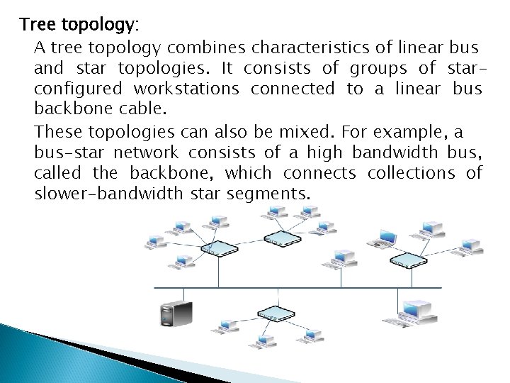 Tree topology: A tree topology combines characteristics of linear bus and star topologies. It
