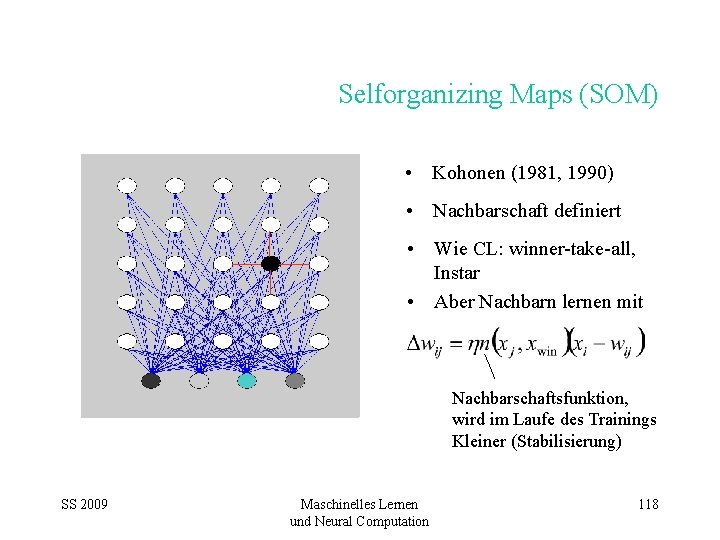 Selforganizing Maps (SOM) • Kohonen (1981, 1990) • Nachbarschaft definiert • Wie CL: winner-take-all,