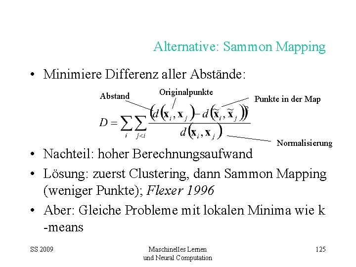 Alternative: Sammon Mapping • Minimiere Differenz aller Abstände: Abstand Originalpunkte Punkte in der Map