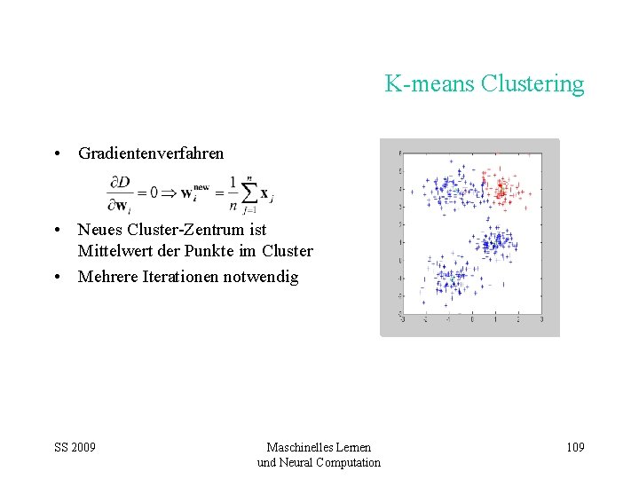 K-means Clustering • Gradientenverfahren • Neues Cluster-Zentrum ist Mittelwert der Punkte im Cluster •