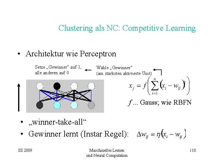 Clustering als NC: Competitive Learning • Architektur wie Perceptron Setze „Gewinner“ auf 1, alle