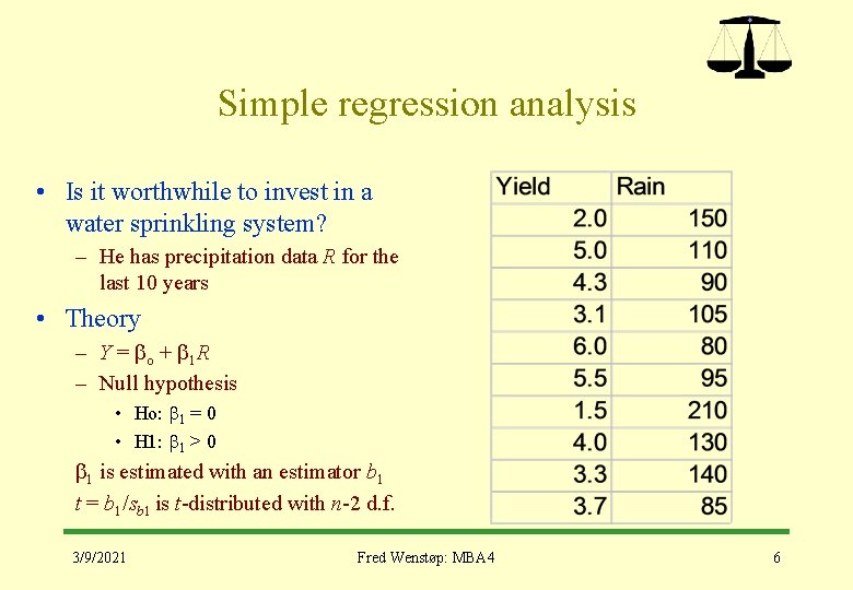 Simple regression analysis • Is it worthwhile to invest in a water sprinkling system?