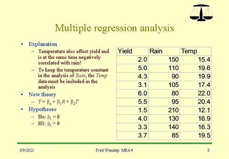 Multiple regression analysis • Explanation – Temperature also affect yield and is at the