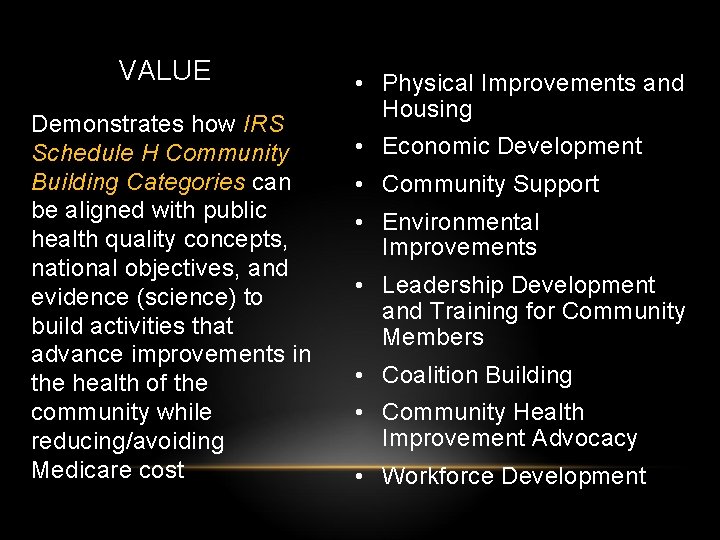 VALUE Demonstrates how IRS Schedule H Community Building Categories can be aligned with public