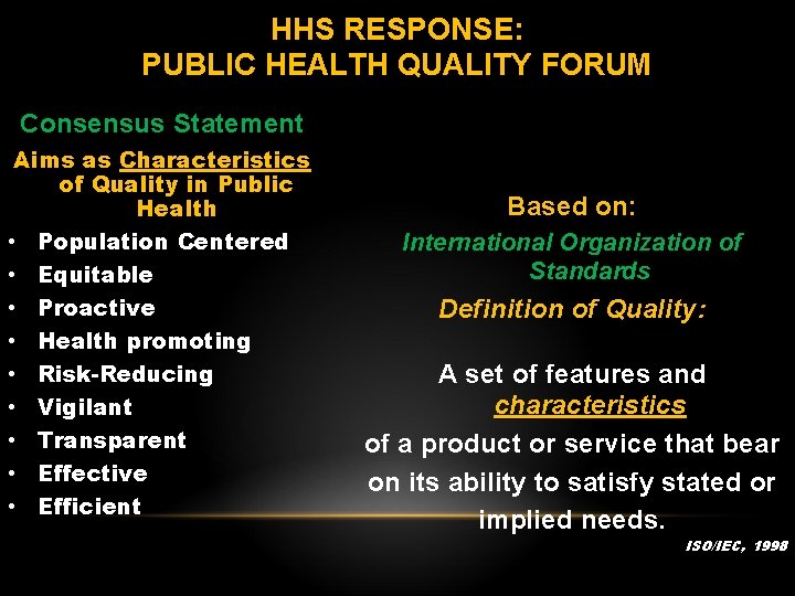 HHS RESPONSE: PUBLIC HEALTH QUALITY FORUM Consensus Statement Aims as Characteristics of Quality in