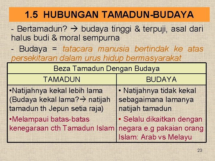 1. 5 HUBUNGAN TAMADUN-BUDAYA - Bertamadun? budaya tinggi & terpuji, asal dari halus budi