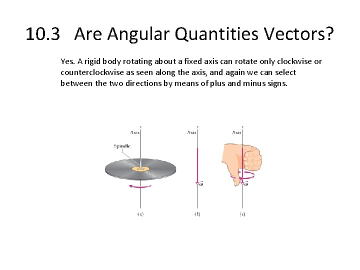 10. 3 Are Angular Quantities Vectors? Yes. A rigid body rotating about a fixed