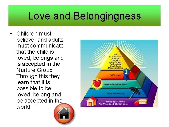 Love and Belongingness • Children must believe, and adults must communicate that the child