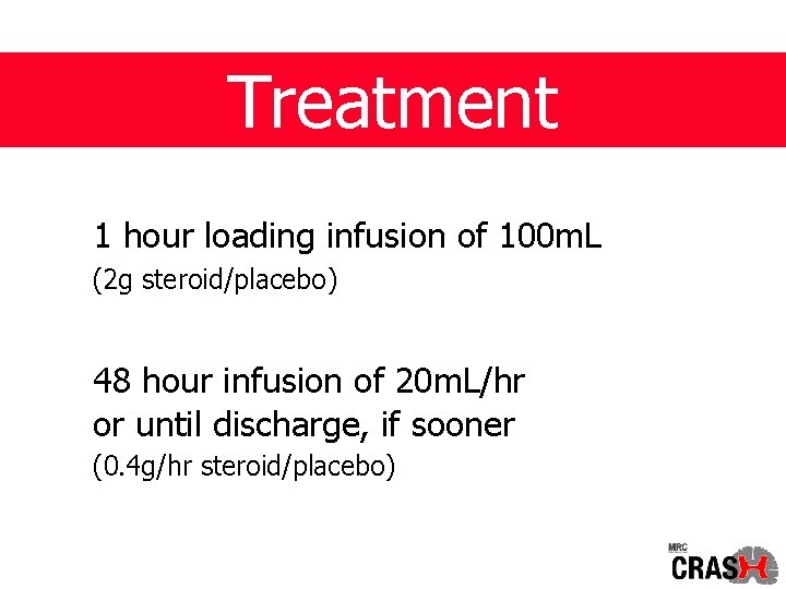 Treatment 1 hour loading infusion of 100 m. L (2 g steroid/placebo) 48 hour