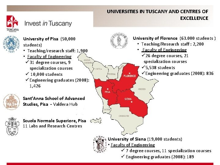 UNIVERSITIES IN TUSCANY AND CENTRES OF EXCELLENCE University of Pisa (50, 000 students) •