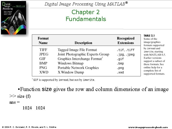Digital Image Processing Using MATLAB® Chapter 2 Fundamentals • Function size gives the row